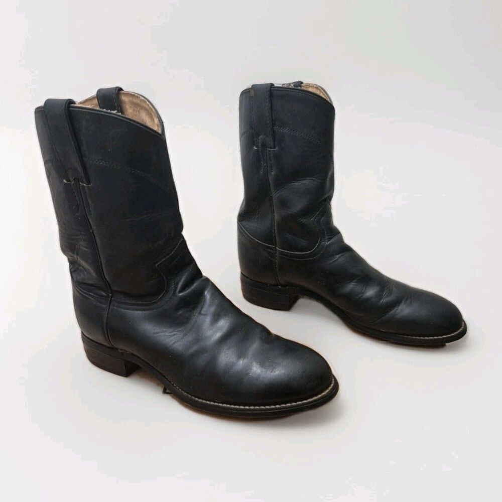 JUSTIN 3702Y Junior Youth Boots Size 5.5D Black Leather Roper Cowboy